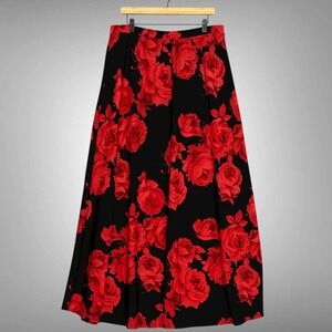 VTG Y2K‎ Womens Skirt Plus 2X Black Red Rose Floral Maxi Flowy Whimsigoth Fairy